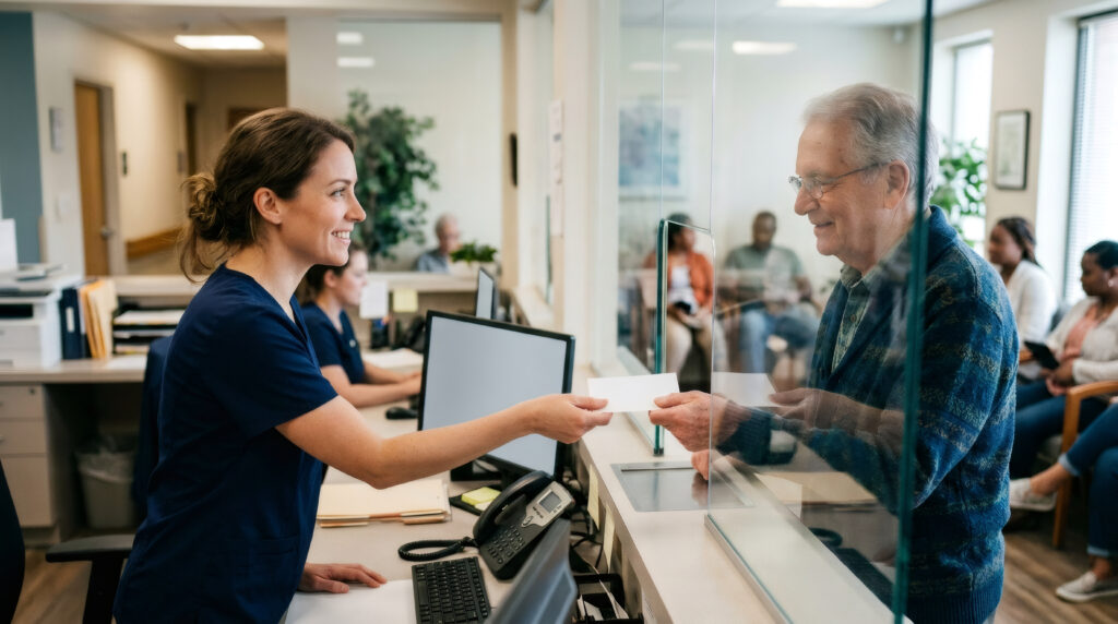Front desk staff member handing a card to a patient at check-in