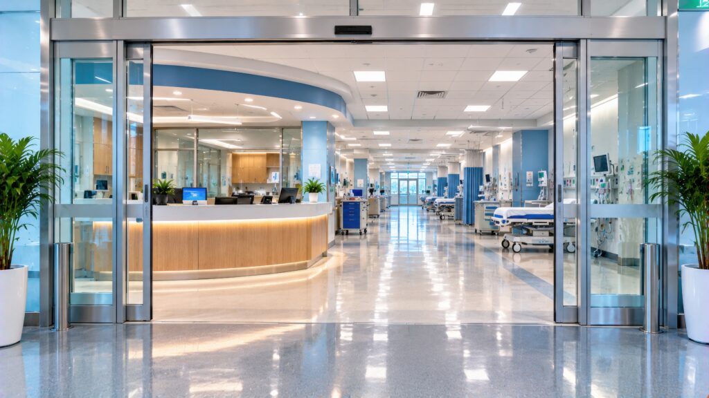 Hospital entrance with glass sliding doors opening onto a bright lobby and front desk